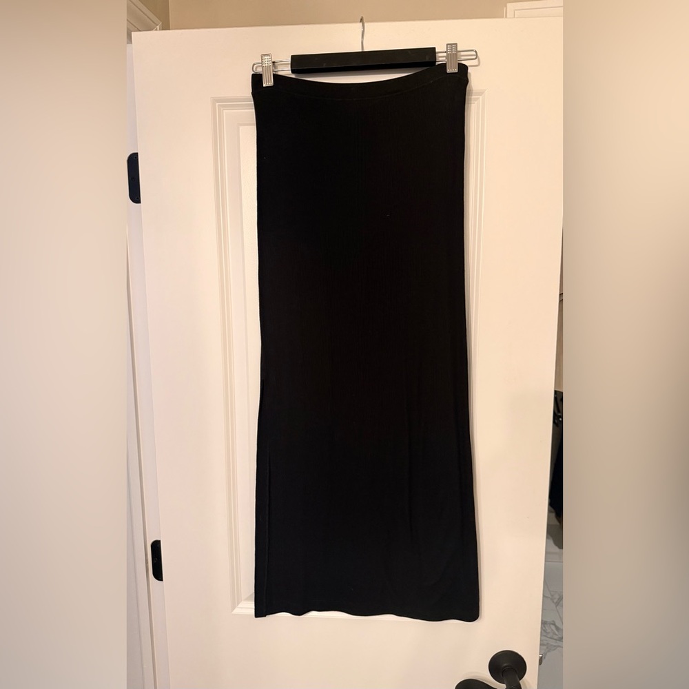 All Saints Black Cotton Ribbed Midi Skirt